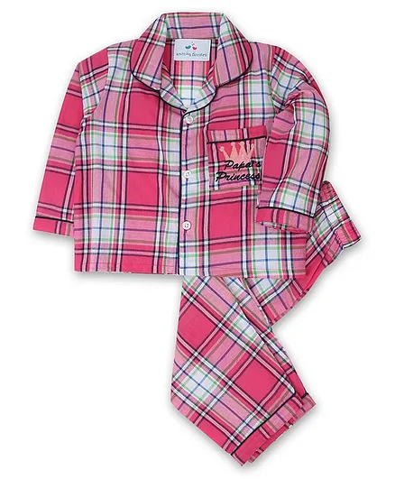 Knitting Doodles Full Sleeves Checked Night Suit - Pink
