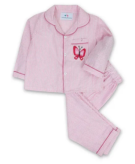 Knitting Doodles Stripes Full Sleeves Night Suit - Pink