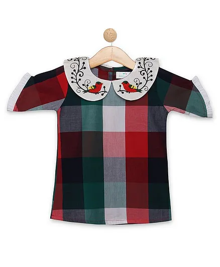 Knitting Doodles Half Sleeves Checkered Top - Black Red White