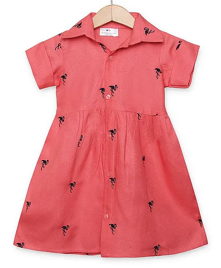 Knitting Doodles Half Sleeves Flamingo Embroidery Dress - Pink