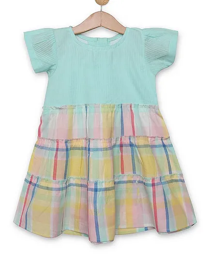 Knitting Doodles Short Sleeves Yoke Checked Dress - Blue