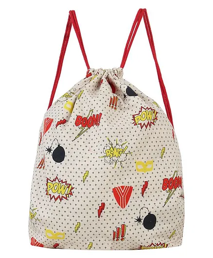 Knitting Doodles Super Hero Themed Print Drawstring Bag - Multi
