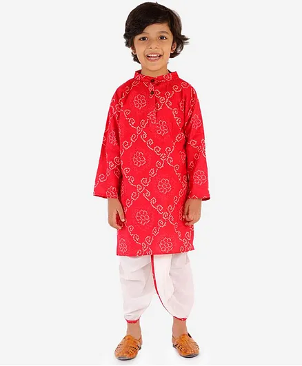 Chipbeys Full Sleeves Hand Block Bandhani Festive Dhoti Kurta - Red