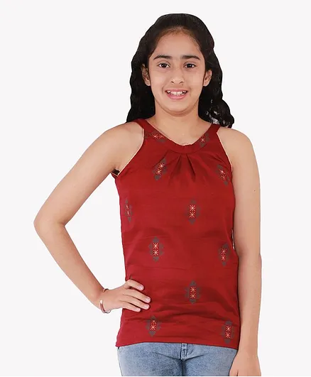 Chipbeys Sleeveless Flower Print Tops - Maroon