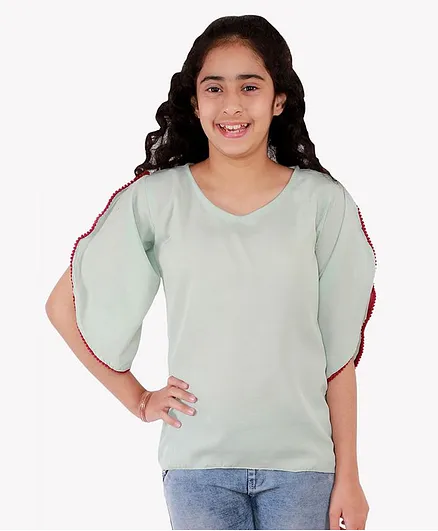 Chipbeys Pom Pom Detailing Half Sleeves New Solid Tops - Aqua Blue