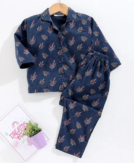 Enfance Core All Over Leaves Printed Full Sleeves Denim Night Suit - Red