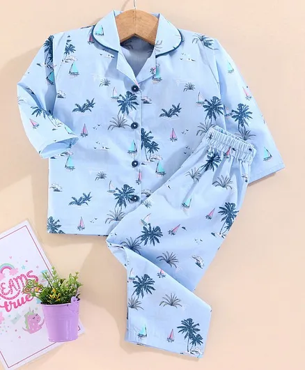 Enfance Core Beach Theme Printed Full Sleeves Night Suit - Light Blue