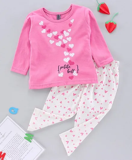 Enfance Core Full Sleeves Heart Printed Girls Night Suit - Pink