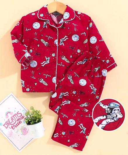 Enfance Core Full Sleeves Space Theme Night Suit - Red