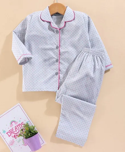 Enfance Core Full Sleeves Polka Dot Print Detailing Night Suit - Grey