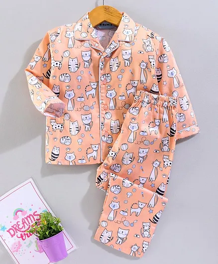 Enfance Core All Over Cat Printed Full Sleeves Night Suit - Peach