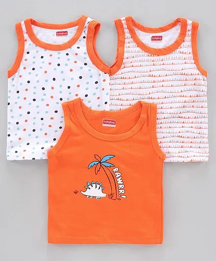 Babyhug 100% Cotton Sleeveless Sando Multiprint Pack of 3 - White Orange