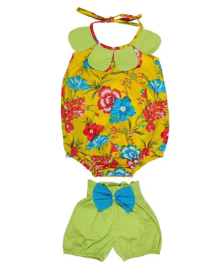 MayRa Knits Sleeveless Floral Print Onesie With Bow Applique Shorts - Yellow & Green