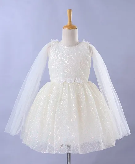 Enfance Sleeveless Sequined & Floral Applique Fit & Flare Dress - Cream