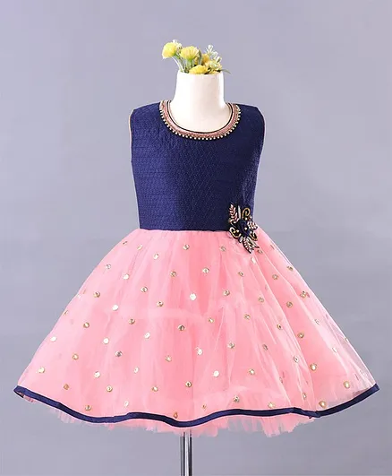 Enfance Embroidery & Flower Applique Fit & Flare Sleeveless Dress - Peach