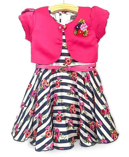 Enfance Sleeveless Stripe & Floral Printed Dress With Shrug - Pink
