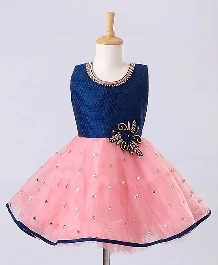 Enfance Sleeveless Embroidery & Flower Applique Fit & Flare Party Dress - Peach