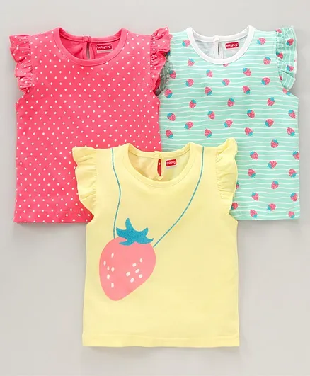 Babyhug Flutter Sleeves Printed Tee Pack of 3 - Yellow Green Pink