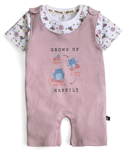 Little Folks Half Sleeves Dungaree Style Romper with Inner Tee - Pink