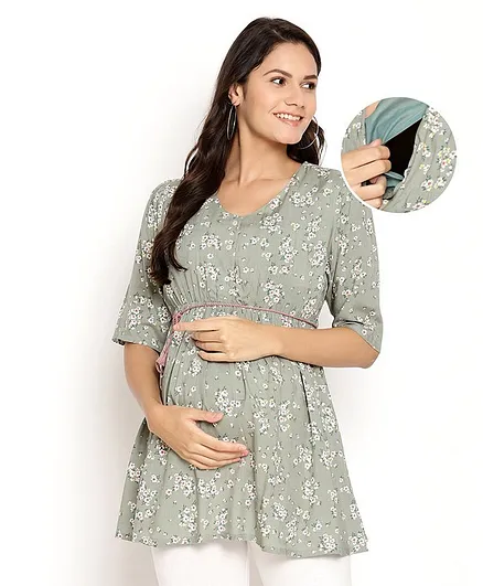 Bella Mama Three Forth Sleeves Floral Printed Tunic - Green
