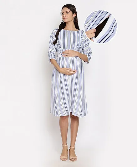 Bella Mama Three Fourth Sleeves Printed Dress - Blue