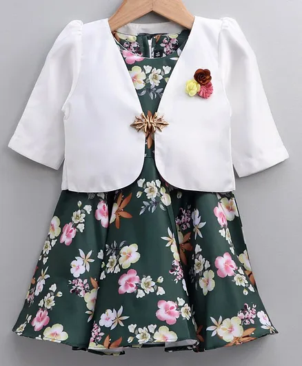 Enfance Hibiscus Printed Sleeveless Dress With Shrug - Green