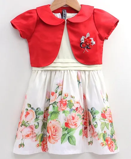 Enfance Sleeveless Flower Print Dress With Peter Pan Collared Shrug - Red