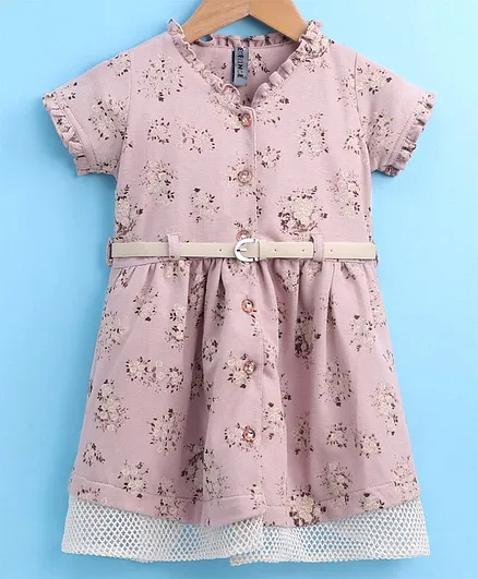 Enfance Short Sleeves Flower Print Button Down Dress - Pink