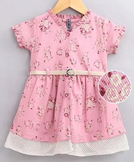 Enfance Short Sleeves Flower Print Button Down Dress - Light Pink