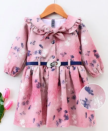 Enfance Full Puffed Sleeves Floral Print Dress - Pink