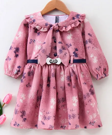 Enfance Full Puffed Sleeves Floral Print Dress - Magenta