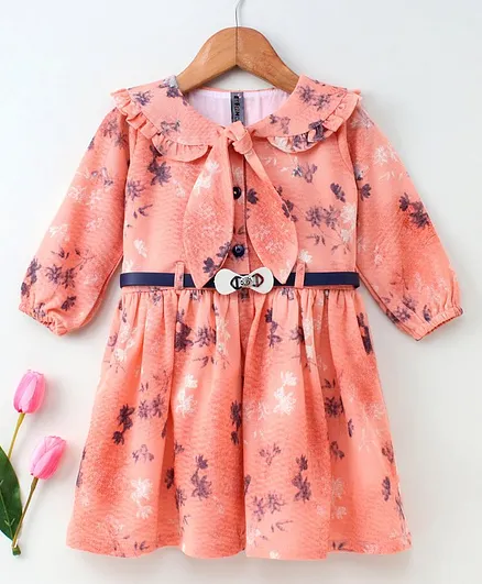 Enfance Full Puffed Sleeves Floral Print Dress - Peach