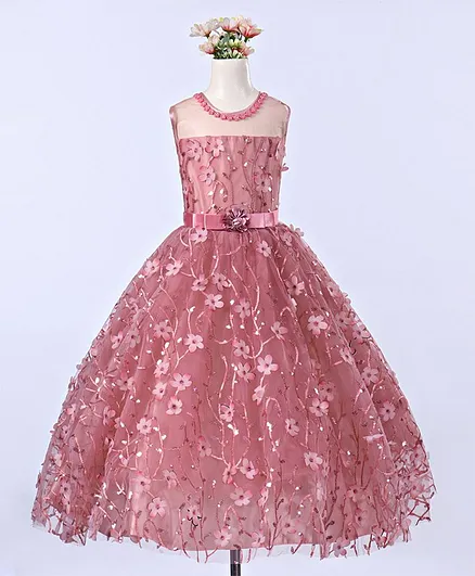 Enfance Sleeveless Flowers & Sequin Embellished Gown - Pink