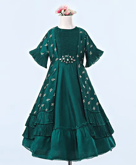 Enfance Half Sleeves Golden Foil Print Detailing Gown - Green