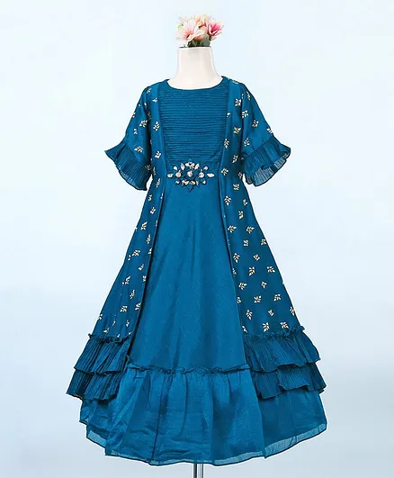 Enfance Half Sleeves Golden Foil Print Detailing Gown - Blue