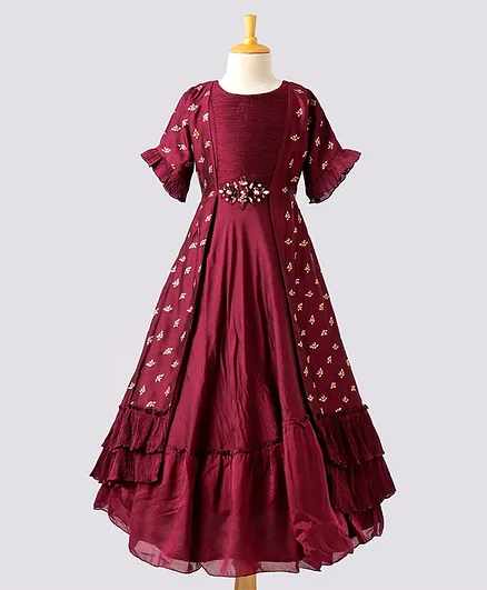 Enfance Half Sleeves Golden Foil Print Detailing Gown - Maroon