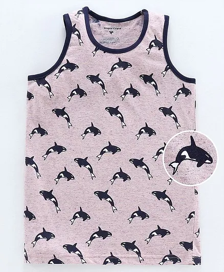 Stupid Cupid Sleeveless All Over Fish Printed Tee - Beige