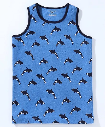 Stupid Cupid Sleeveless All Over Fish Printed Tee - Blue