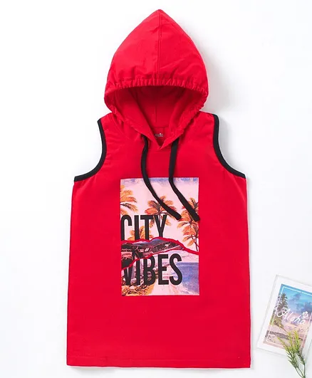 Stupid Cupid Sleeveless City Vibes Print Hoodie - Red