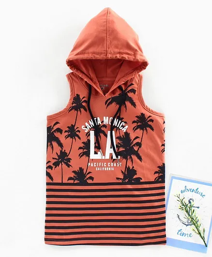 Stupid Cupid Sleeveless LA Printed Hooded Tee - Brown