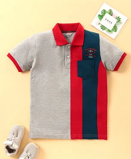 Stupid Cupid Half Sleeves Color Block Polo T-Shirt - Grey Blue
