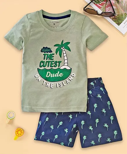 Stupid Cupid Half Sleeves Palm Tree Print Tee & Shorts Set - Green