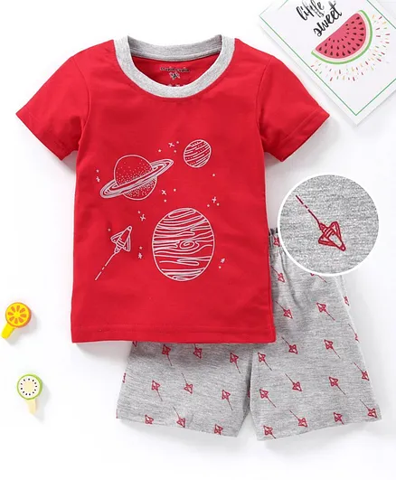 Stupid Cupid Half Sleeves Planet Printed Tee & Shorts Set - Red