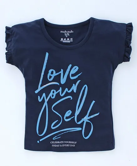 Stupid Cupid Love Your Self Print Short Sleeve Top - Navy Blue