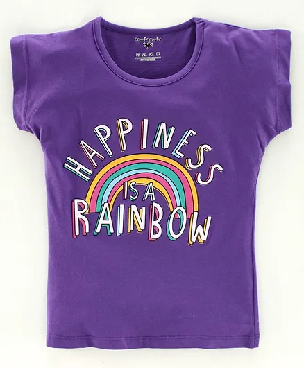 Stupid Cupid Cap Sleeves Happiness Is A Rainbow Print Tee - Purple