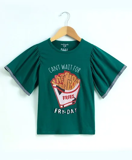 Stupid Cupid Half Sleeves Fries Print Top - Green