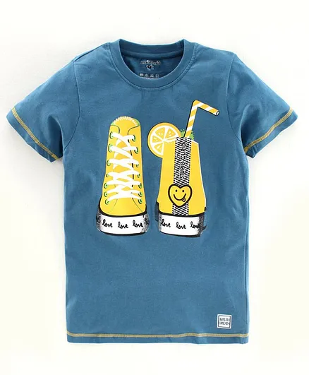 Stupid Cupid Shoes Print Half Sleeves Tee - Blue