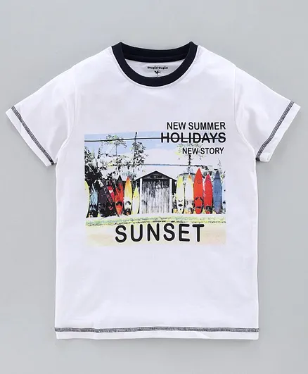 Stupid Cupid Sunset Print Half Sleeves Tee - White