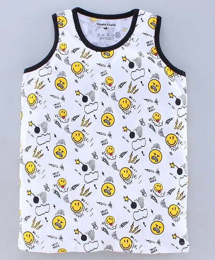 Stupid Cupid Smiley Print Sleeveless Tee - White