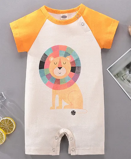 Kookie Kids Raglan Sleeves Romper Lion Print - White Yellow